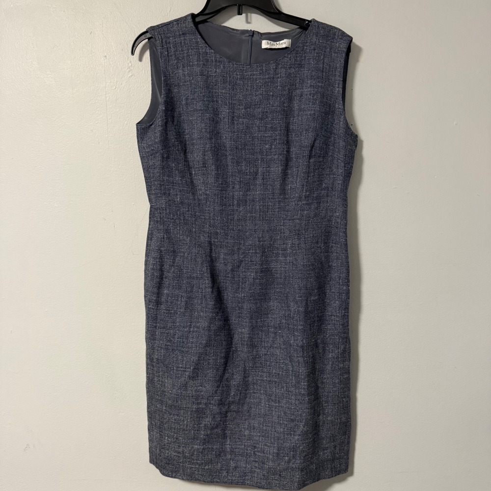 Max Mara Blue Gray Linen Silk Wool Sleeveless Sheath Dress Made in Italy M 8 10